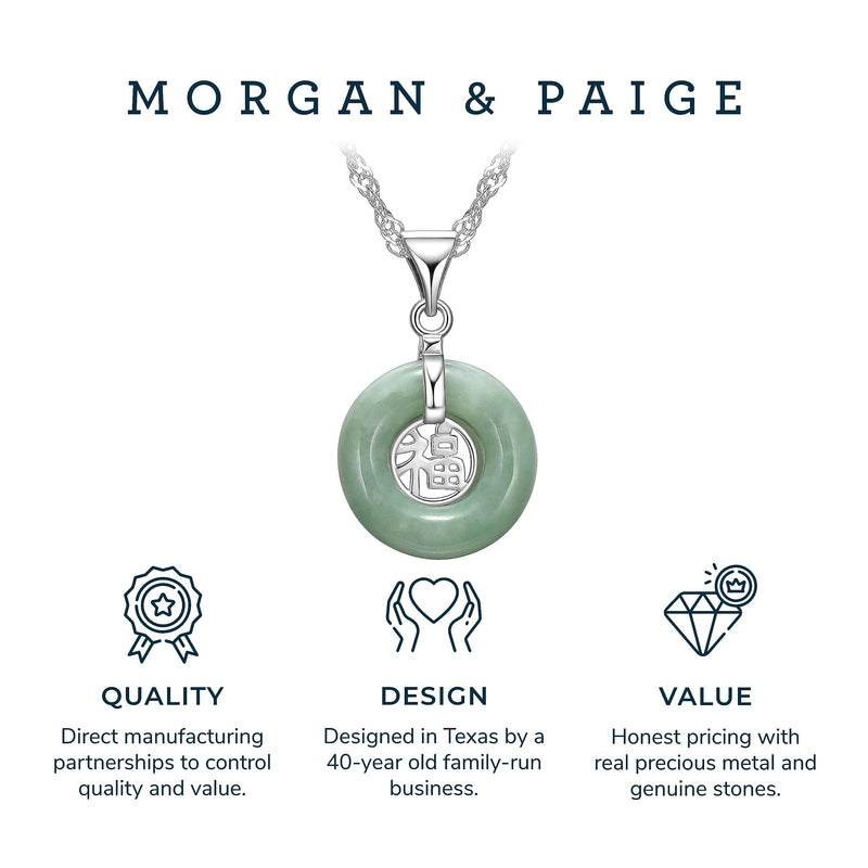 MORGAN & PAIGE .925 Sterling Silver Rhodium Plated Genuine Jade Necklaces for Women - Green Jade Good Fortune Fu Symbol Dainty and Lightweight Sterling Silver Necklace for Women, 18 inch