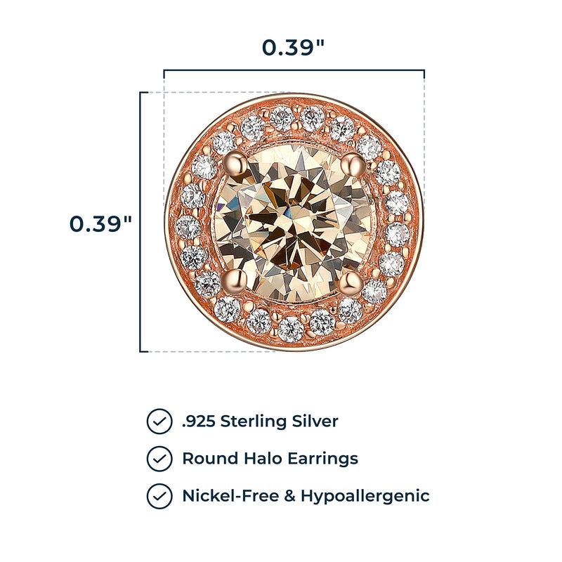 MORGAN & PAIGE .925 Sterling Silver 14K Rose Gold Plated Champagne and White Cubic Zirconia Round Halo Stud or Halo Drop Earrings, Hypoallergenic Sterling Silver Earrings Jewelry for Her