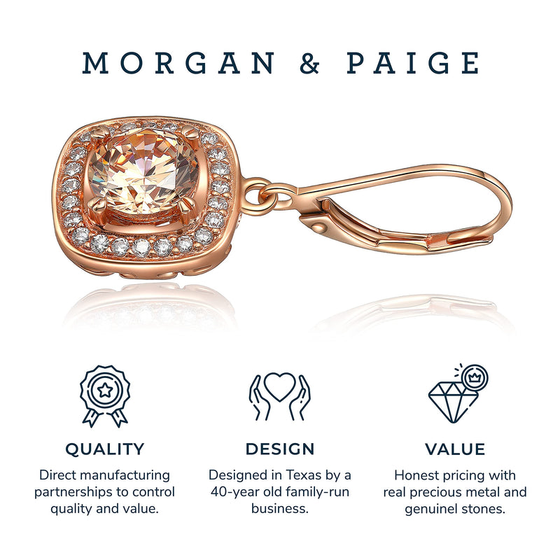 MORGAN & PAIGE .925 Sterling Silver 14K Rose Gold Plated Champagne and White Cubic Zirconia Round Halo Stud or Halo Drop Earrings, Hypoallergenic Sterling Silver Earrings Jewelry for Her