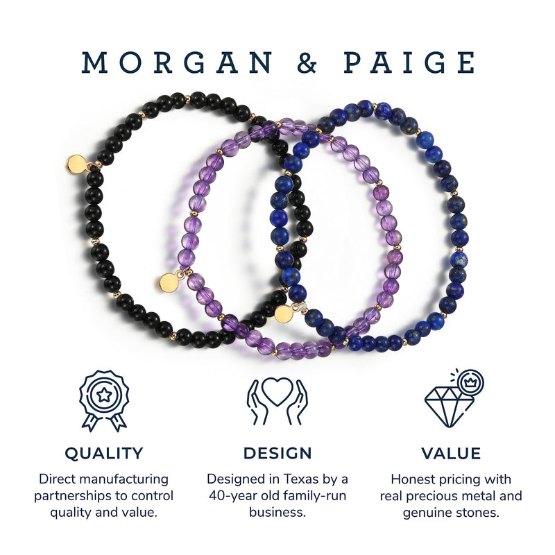 MORGAN & PAIGE Bronze 18k Yellow Gold Plated Genuine Gemstones Bracelets - Dainty Gold Beaded Bracelets for Women 4mm Gemstone Beads, Adjustable 6.5 Inch Stretch Bracelets for Women Set of 3