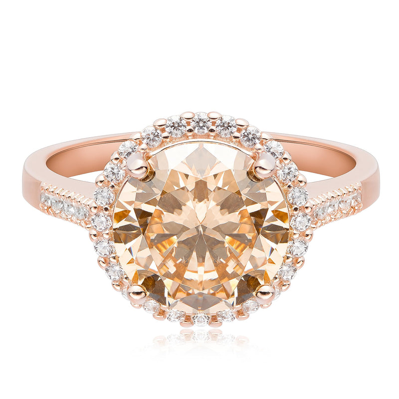 MORGAN & PAIGE 14K Rose Gold Plated .925 Sterling Silver Champagne & Clear Cubic Zirconia Halo Engagement Ring, Size 7