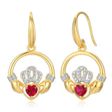 18K Yellow Gold Plated .925 Sterling Silver Created Gemstone Diamond-Accent Round Claddagh Heart 1" Drop Earrings (I-J / I3) - Choice of Gem Colors