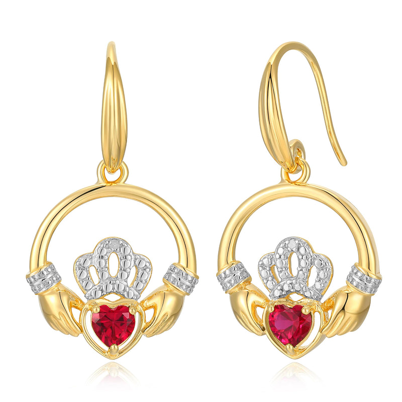 18K Yellow Gold Plated .925 Sterling Silver Created Gemstone Diamond-Accent Round Claddagh Heart 1" Drop Earrings (I-J / I3) - Choice of Gem Colors