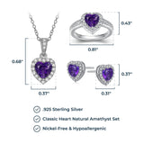 MORGAN & PAIGE .925 Sterling Silver Gemstones and White Sapphire Halo Heart Necklace, Earrings & Ring Set - Birthstone Jewelry Sets for Women, 18in Cable Chain, Size 7 Ring, Ideal Birthday Gift