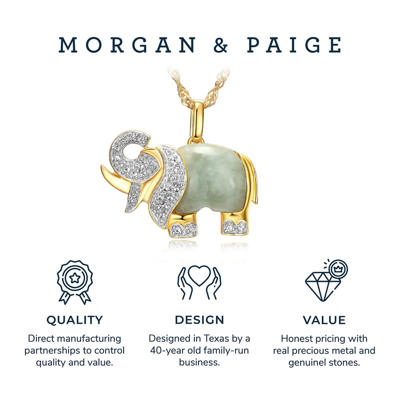 MORGAN & PAIGE .925 Sterling Silver 18K Gold Plated Genuine Jade Necklaces for Women - Elephant and White Sapphire or Turtle with 1/10 cttw Diamond Pendant, Gold Necklace for Women Jewelry 18 inch