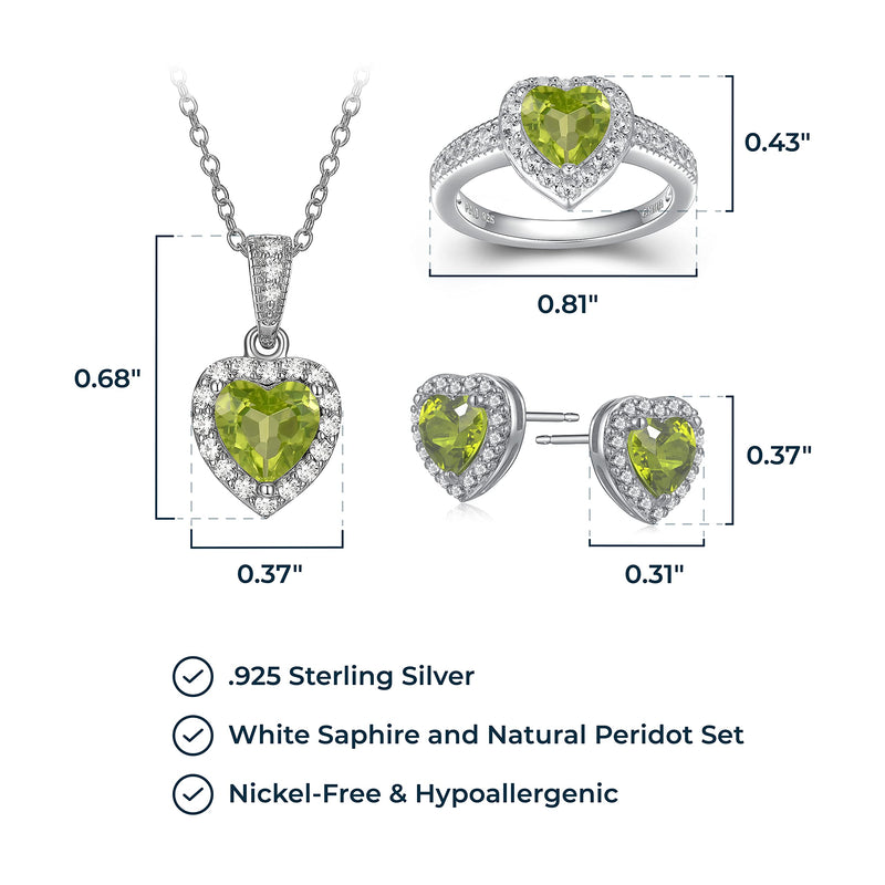 MORGAN & PAIGE .925 Sterling Silver Gemstones and White Sapphire Halo Heart Necklace, Earrings & Ring Set - Birthstone Jewelry Sets for Women, 18in Cable Chain, Size 7 Ring, Ideal Birthday Gift