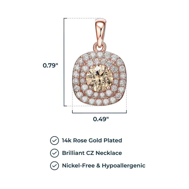 14K Rose Gold-Plated .925 Sterling Silver Champagne & White Cubic Zirconia Cushion-Shaped Double-Halo Pendant Necklace and Ring Size 7