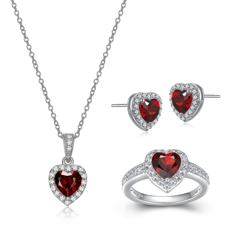 MORGAN & PAIGE .925 Sterling Silver Gemstones and White Sapphire Halo Heart Necklace, Earrings & Ring Set - Birthstone Jewelry Sets for Women, 18in Cable Chain, Size 7 Ring, Ideal Birthday Gift