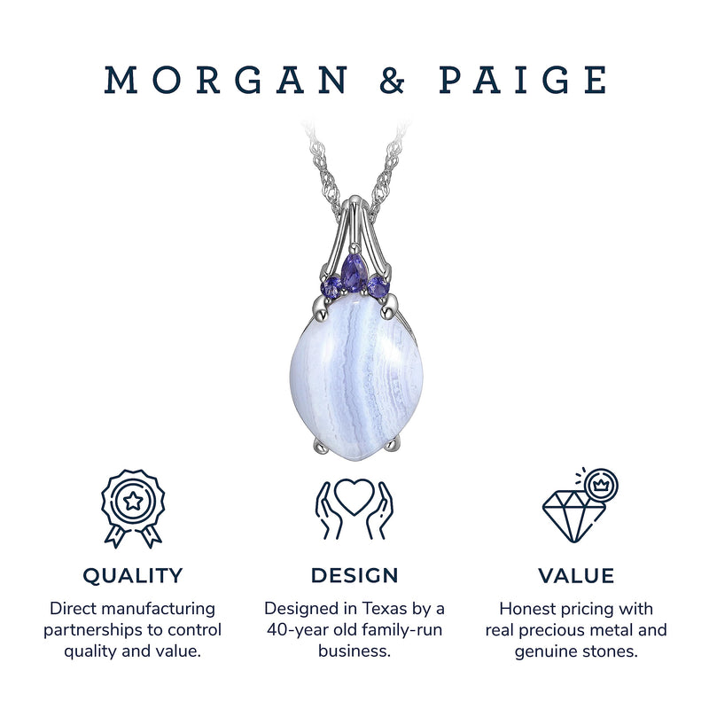 MORGAN & PAIGE .925 Sterling Silver Rhodium Plated Genuine Blue Lace Agate and Iolite 1 inch Oval Pendant Necklaces for Women, Hypoallergenic Sterling Silver Necklace for Women, Box Chain 18 inch