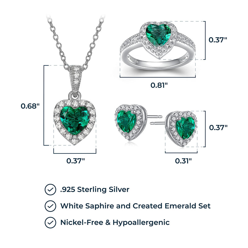 MORGAN & PAIGE .925 Sterling Silver Gemstones and White Sapphire Halo Heart Necklace, Earrings & Ring Set - Birthstone Jewelry Sets for Women, 18in Cable Chain, Size 7 Ring, Ideal Birthday Gift