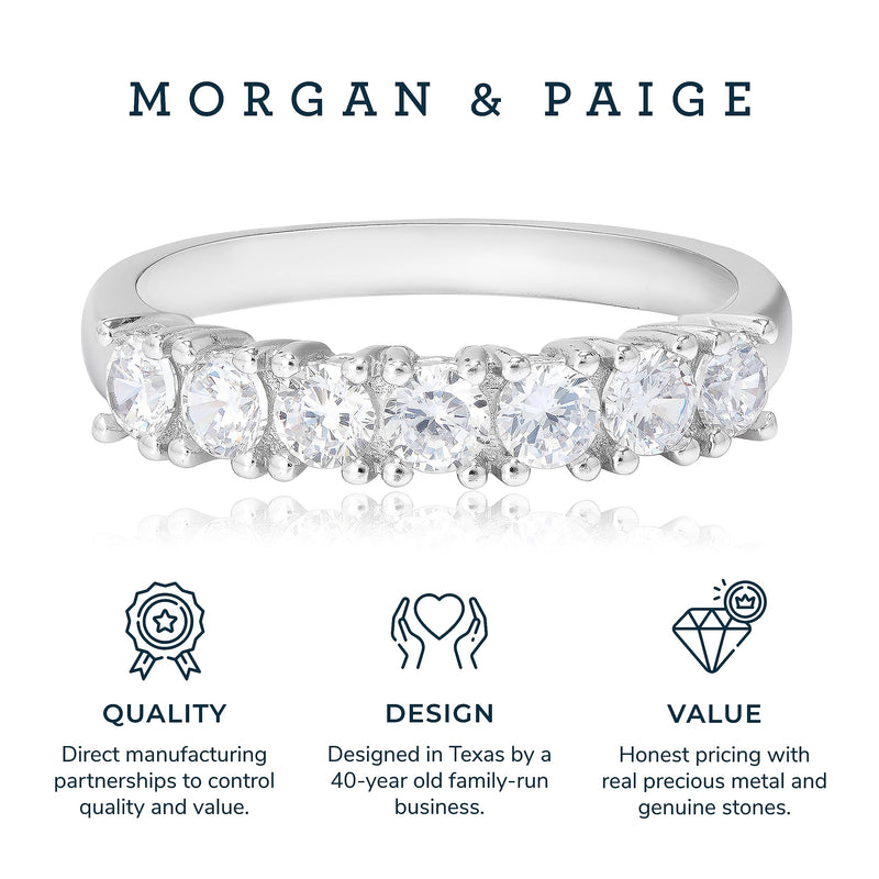 MORGAN & PAIGE .925 Sterling Silver Wedding Bands for Women, Cubic Zirconia Ring Stackable Round 7 Stone Prong Setting - Platinum, Yellow Gold or Rose Gold Plated Wedding Rings for Women Size 6-9