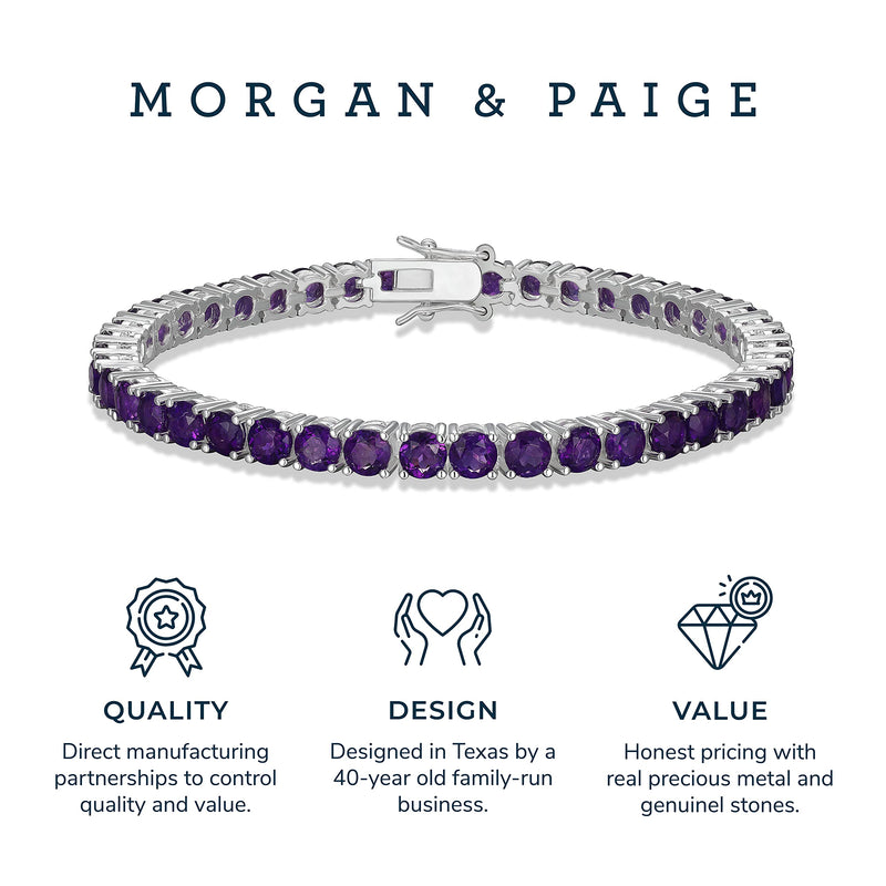 MORGAN & PAIGE .925 Sterling Silver Tennis Bracelet For Women - Genuine Natural or Created 4mm Gemstone Round Cut Birthstones, 7.25"