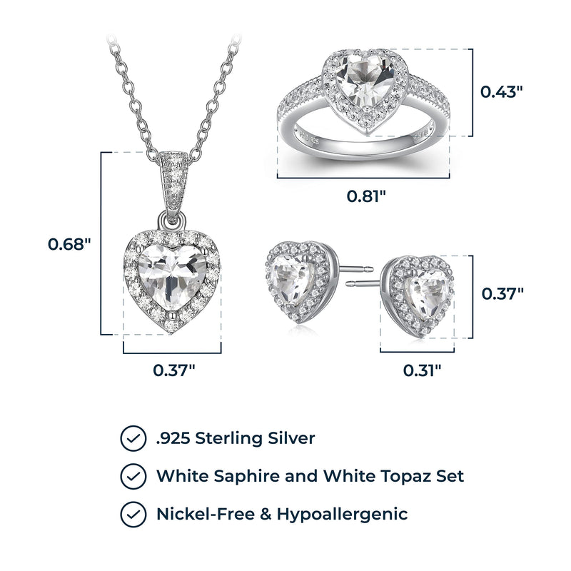 MORGAN & PAIGE .925 Sterling Silver Gemstones and White Sapphire Halo Heart Necklace, Earrings & Ring Set - Birthstone Jewelry Sets for Women, 18in Cable Chain, Size 7 Ring, Ideal Birthday Gift