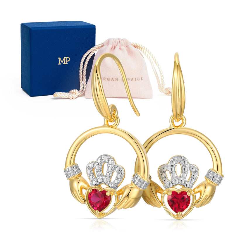 18K Yellow Gold Plated .925 Sterling Silver Created Gemstone Diamond-Accent Round Claddagh Heart 1" Drop Earrings (I-J / I3) - Choice of Gem Colors