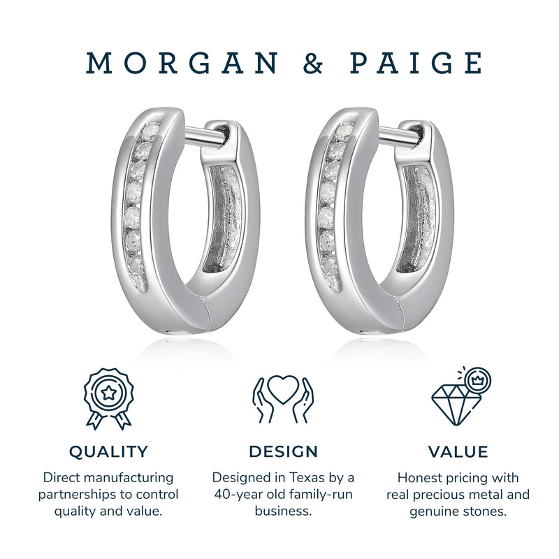 MORGAN & PAIGE Rhodium Plated .925 Sterling Silver 1/10 Cttw Diamond Petite 1/2" Huggie Earrings with Snap-Down Posts (I-J Color, I2-I3 Clarity)