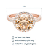 MORGAN & PAIGE 14K Rose Gold Plated .925 Sterling Silver Champagne & Clear Cubic Zirconia Halo Engagement Ring, Size 7