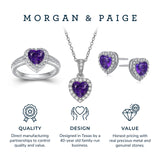 MORGAN & PAIGE .925 Sterling Silver Gemstones and White Sapphire Halo Heart Necklace, Earrings & Ring Set - Birthstone Jewelry Sets for Women, 18in Cable Chain, Size 7 Ring, Ideal Birthday Gift