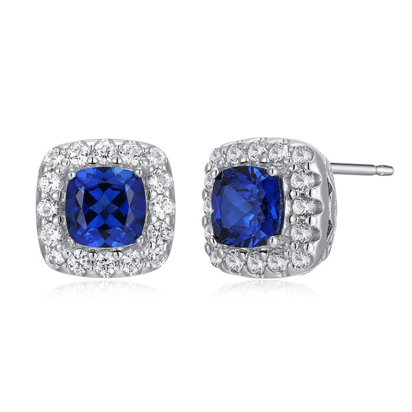 MORGAN & PAIGE .925 Sterling Silver Created Blue and White Sapphire Halo Cushion Shaped 1/3" Stud Earrings