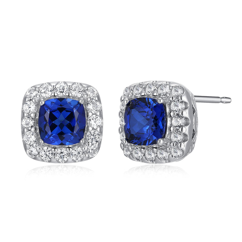 MORGAN & PAIGE .925 Sterling Silver Created Blue and White Sapphire Halo Cushion Shaped 1/3" Stud Earrings