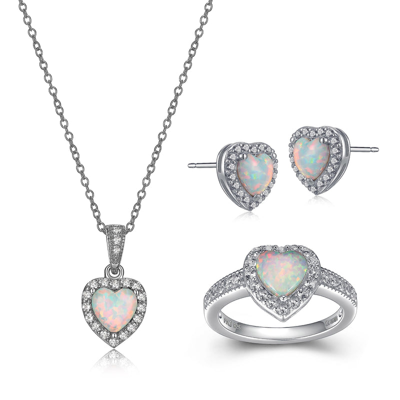 MORGAN & PAIGE .925 Sterling Silver Gemstones and White Sapphire Halo Heart Necklace, Earrings & Ring Set - Birthstone Jewelry Sets for Women, 18in Cable Chain, Size 7 Ring, Ideal Birthday Gift