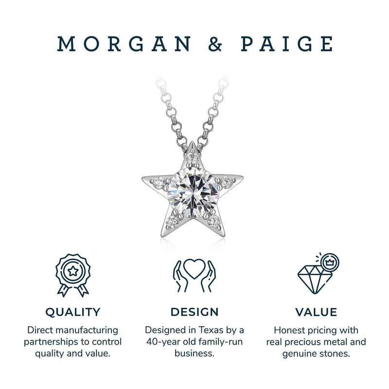 MORGAN & PAIGE .925 Sterling Silver Rhodium or 18K Gold Plated Cubic Zirconia Pave Star Stud Earrings for Women or CZ Star Pendant Necklace - Dainty Hypoallergenic Silver Necklace for Women Jewelry