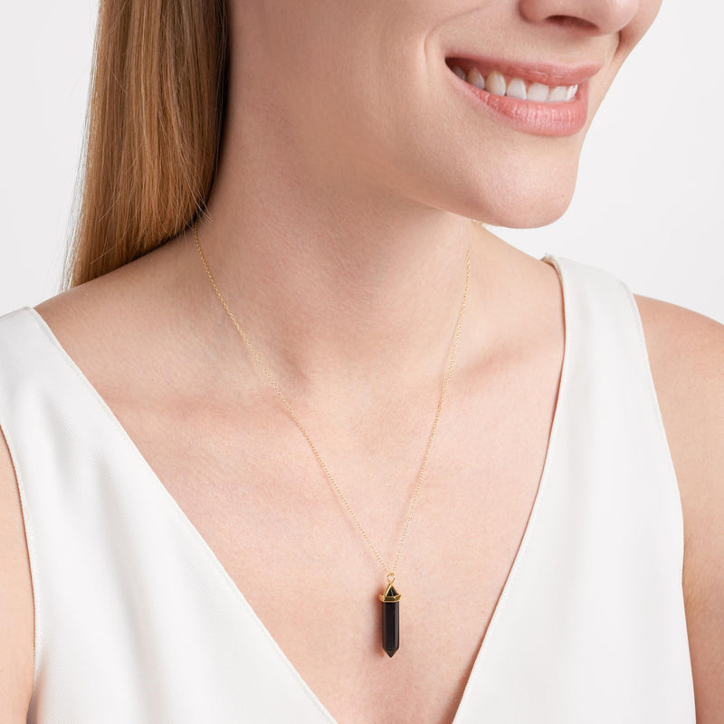 MORGAN & PAIGE 18K Yellow Gold Plated Sterling Silver Genuine Black Agate Chakra Point Necklace, 18" + 2" Extender