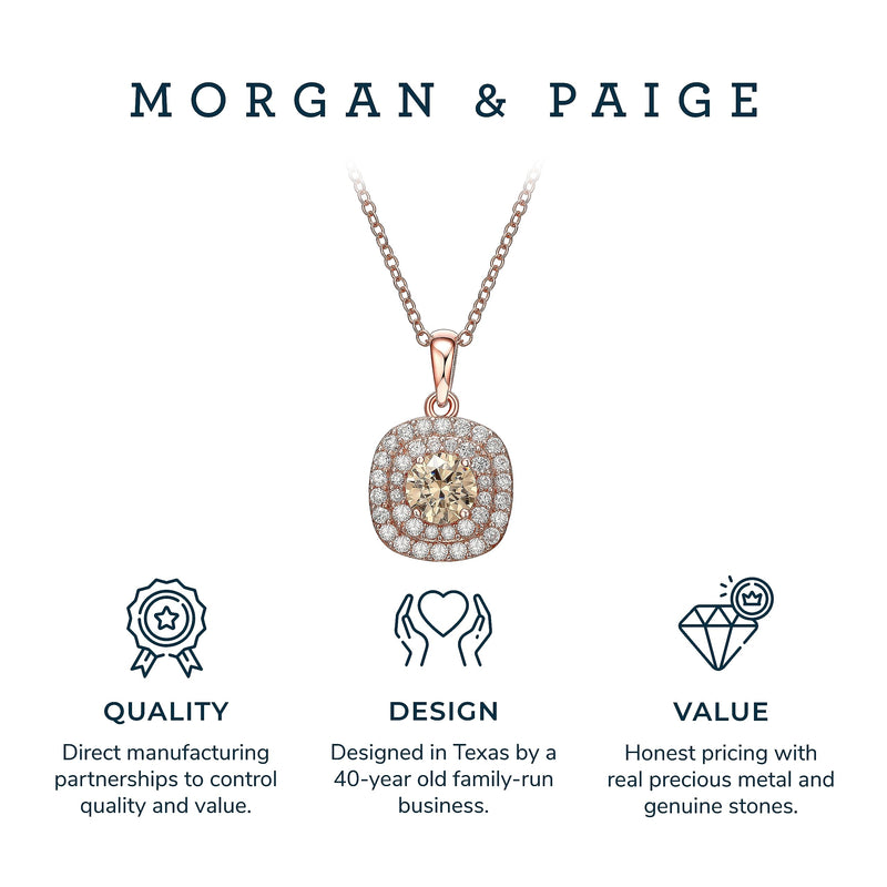 14K Rose Gold-Plated .925 Sterling Silver Champagne & White Cubic Zirconia Cushion-Shaped Double-Halo Pendant Necklace and Ring Size 7