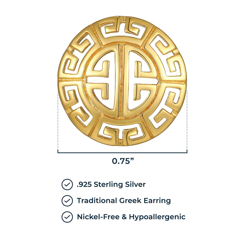 MORGAN & PAIGE .925 Sterling Silver 18K Gold Plated Greek Key Mythology Stud Earrings for Women - Laser Cut Pattern Hypoallergenic Earrings Round Gold Earrings, Silver Earrings Greek Jewelry Gifts