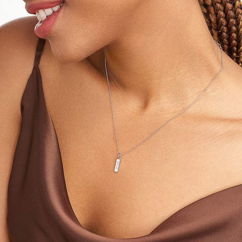 MORGAN & PAIGE .925 Sterling Silver Rhodium Plated Vertical Bar Sentiment Pendant Necklace - Lightweight Dainty Necklace for Women Sterling Silver Necklace, Jewelry Gifts 18" Rope Chain