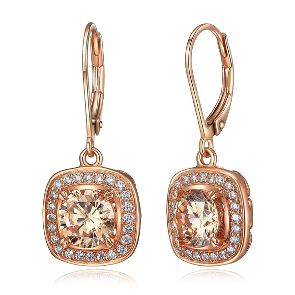 MORGAN & PAIGE .925 Sterling Silver 14K Rose Gold Plated Champagne and White Cubic Zirconia Round Halo Stud or Halo Drop Earrings, Hypoallergenic Sterling Silver Earrings Jewelry for Her