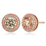 MORGAN & PAIGE .925 Sterling Silver 14K Rose Gold Plated Champagne and White Cubic Zirconia Round Halo Stud or Halo Drop Earrings, Hypoallergenic Sterling Silver Earrings Jewelry for Her