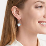 MORGAN & PAIGE Rhodium Plated Sterling Silver, Created Opal and Genuine Swiss Blue Topaz Flower 3-prong setting Leverback Dangle Earrings or 18" Pendant Necklace