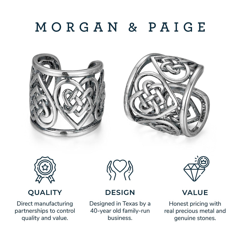 MORGAN & PAIGE .925 Sterling Silver Celtic Heart Knot Ear Cuff Earrings for Women - Rose Gold, Yellow Gold Plated or Oxidized Silver Ear Cuffs Non Piercing, Cartilage Earring Silver Ear Clips Jewelry