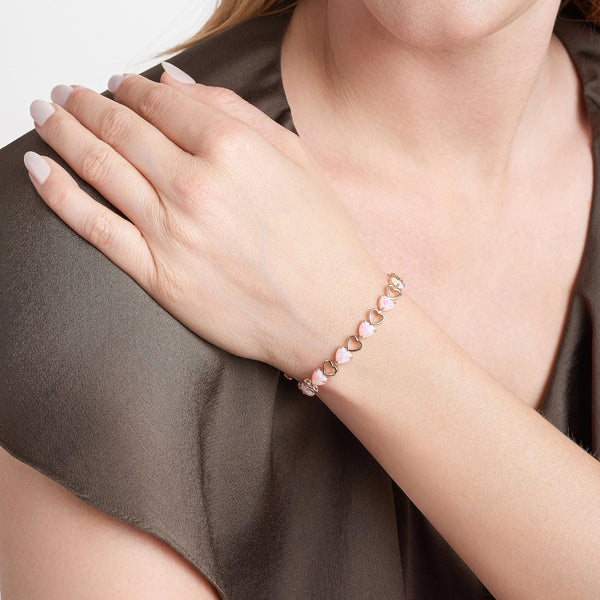 MORGAN & PAIGE 14K Rose Gold Plated .925 Sterling Silver Created Pink Opal Heart Tennis Prong Setting Bracelet, 7-1/4"