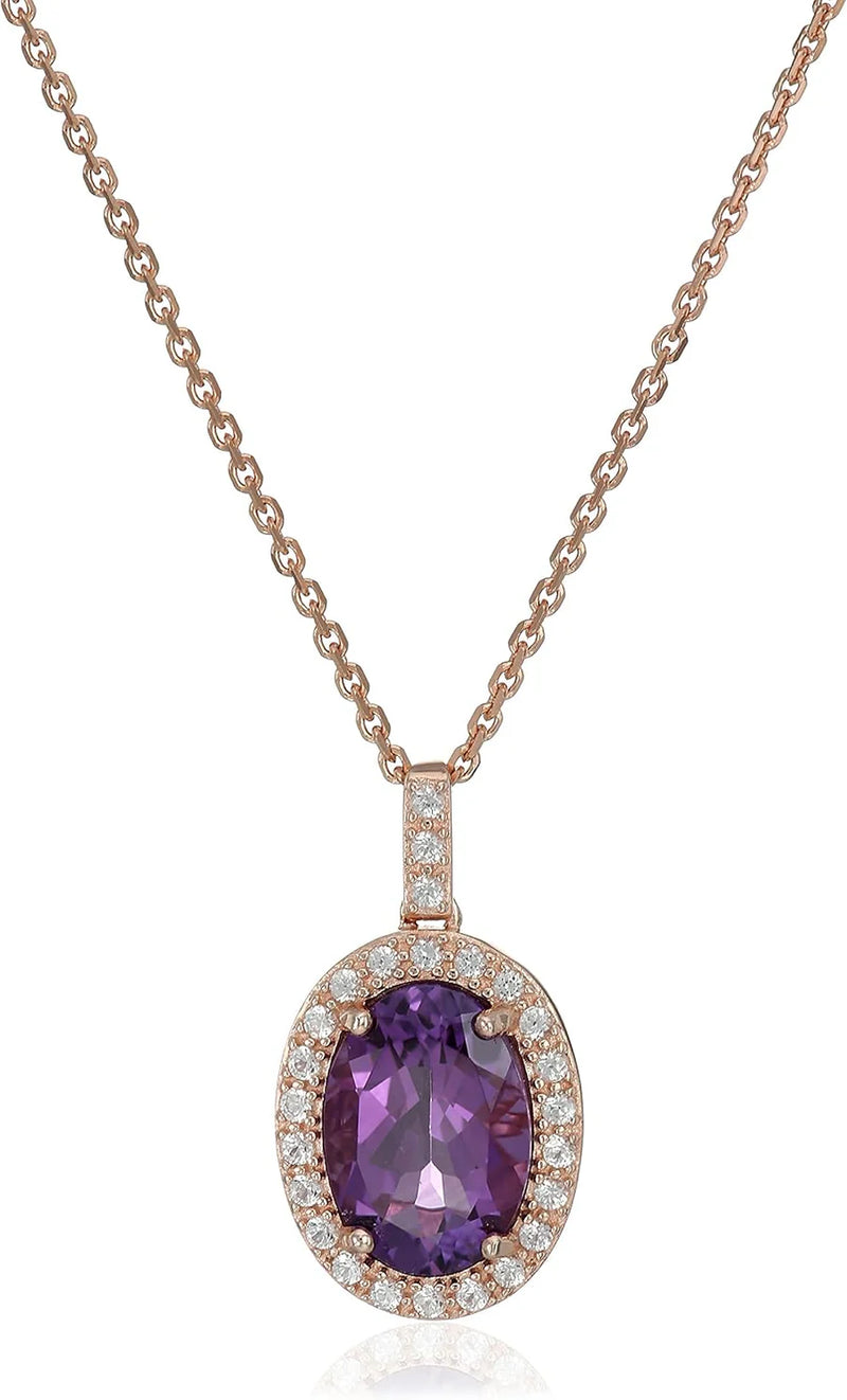 MORGAN & PAIGE 14k Rose Gold Plated Sterling Silver Genuine Amethyst and Created White Sapphire Halo Oval Pendant Necklace, 18"