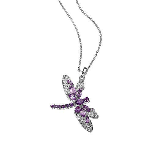 .925 Sterling Silver Genuine African and Brazilian Amethyst with White Topaz 1-1/3" Dragonfly Pendant Necklace on 18" Chain