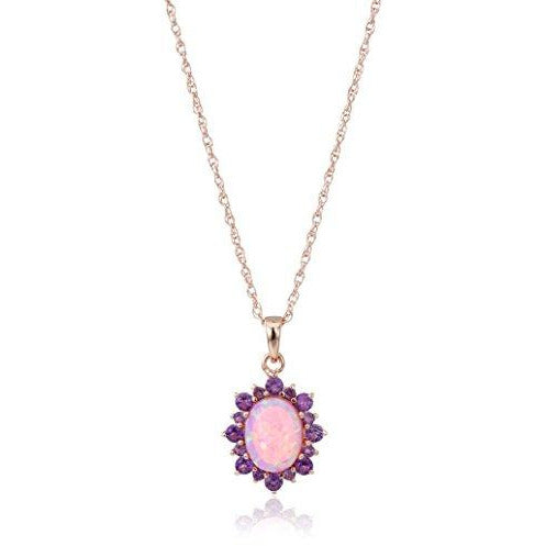 Created Pink Violet Opal and Genuine Amethyst Halo Pendant Necklace