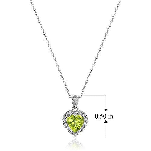 Platinum-Plated .925 Sterling Silver Genuine Peridot 1/2" Heart Pendant with White Topaz Halo on 18" Chain Necklace - August Birthstone