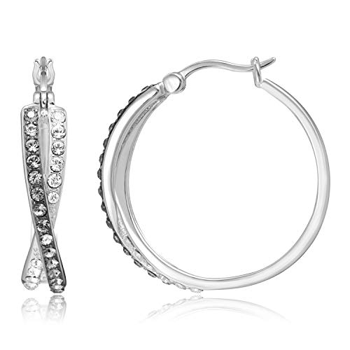 Sterling Silver Black and White Crossover Hoop Earrings Made with Swarovski Crystal (1" diameter)