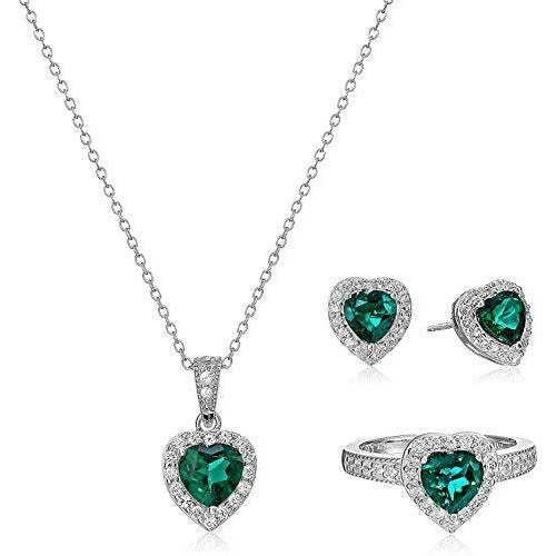 .925 Sterling Silver Created Emerald and Created White Topaz Halo Heart Pendant Necklace, Stud Earrings, and Size 7 Ring Set - May Birthstone