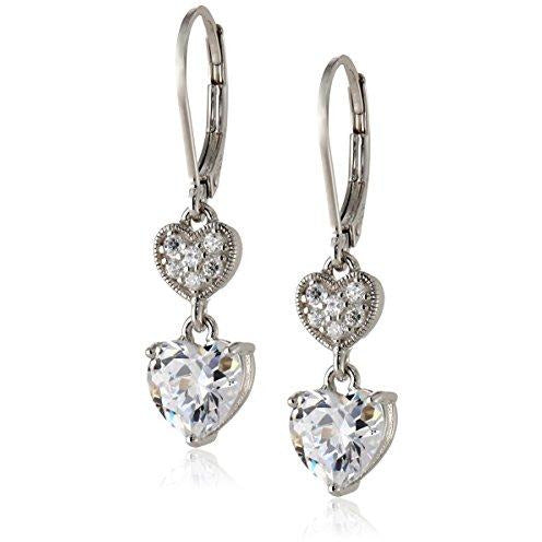 Sterling Silver Cubic Zirconia Double Heart Leverback Dangle Earrings