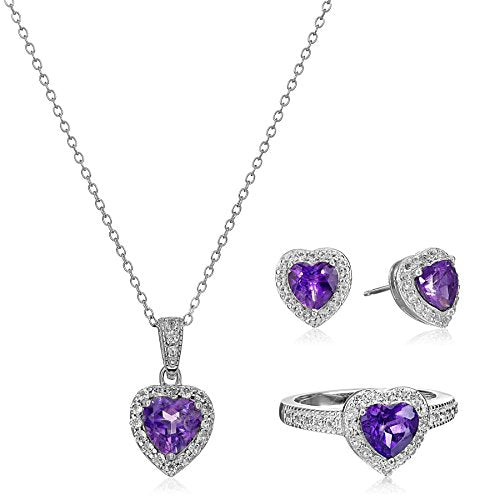 Sterling Silver Genuine African Amethyst and White Topaz Halo Heart Earrings, Ring, and Pendant Necklace Jewelry Set