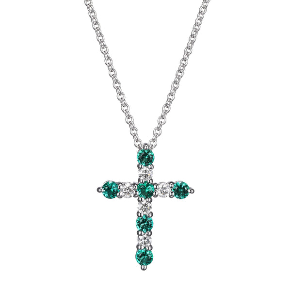 Luxlab Diamonds Sterling Silver Created Emerald and Diamond (1/8 ct. t.w.) Cross Necklace